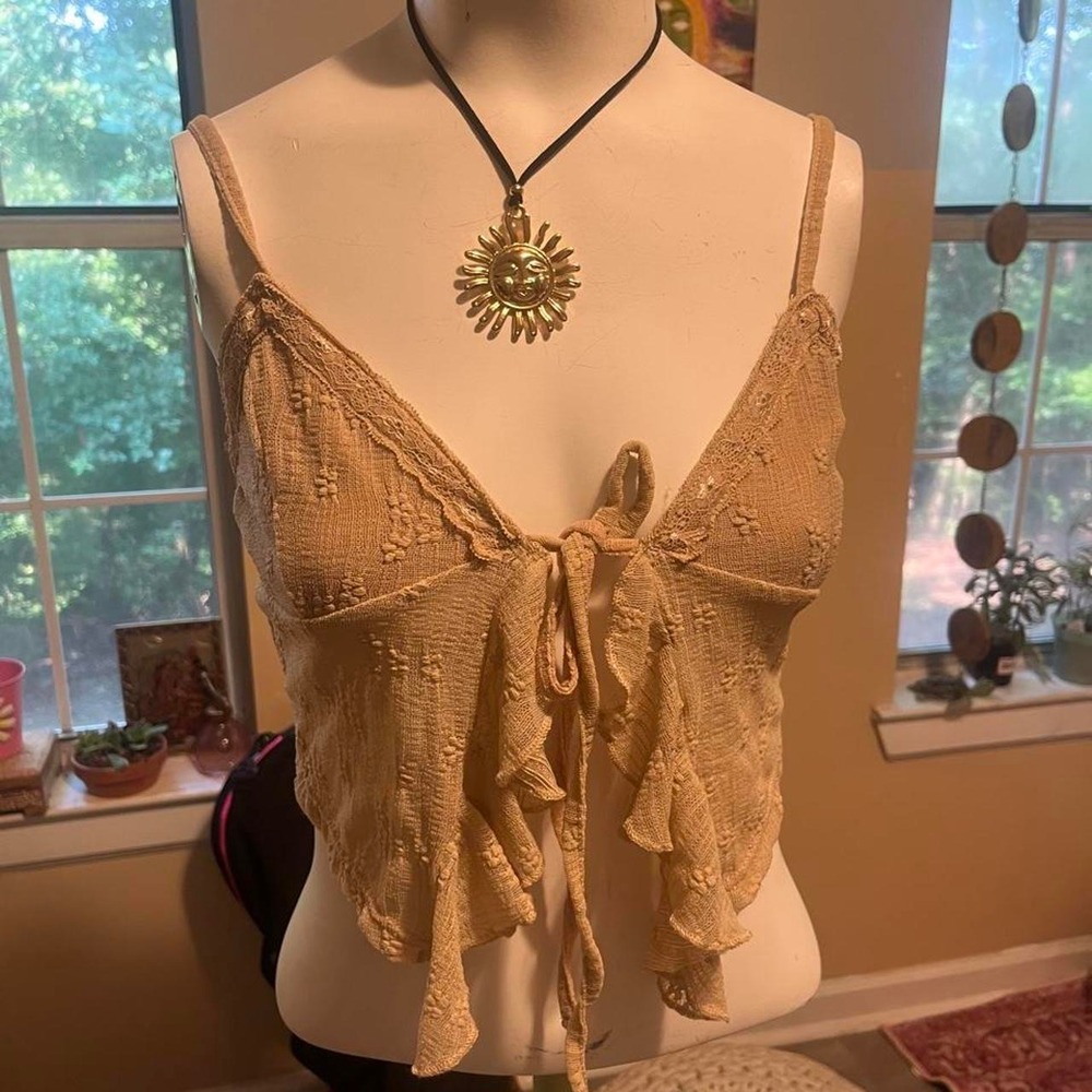 Add 'Tan lace tie front super cute crop top Boho Hippie glam